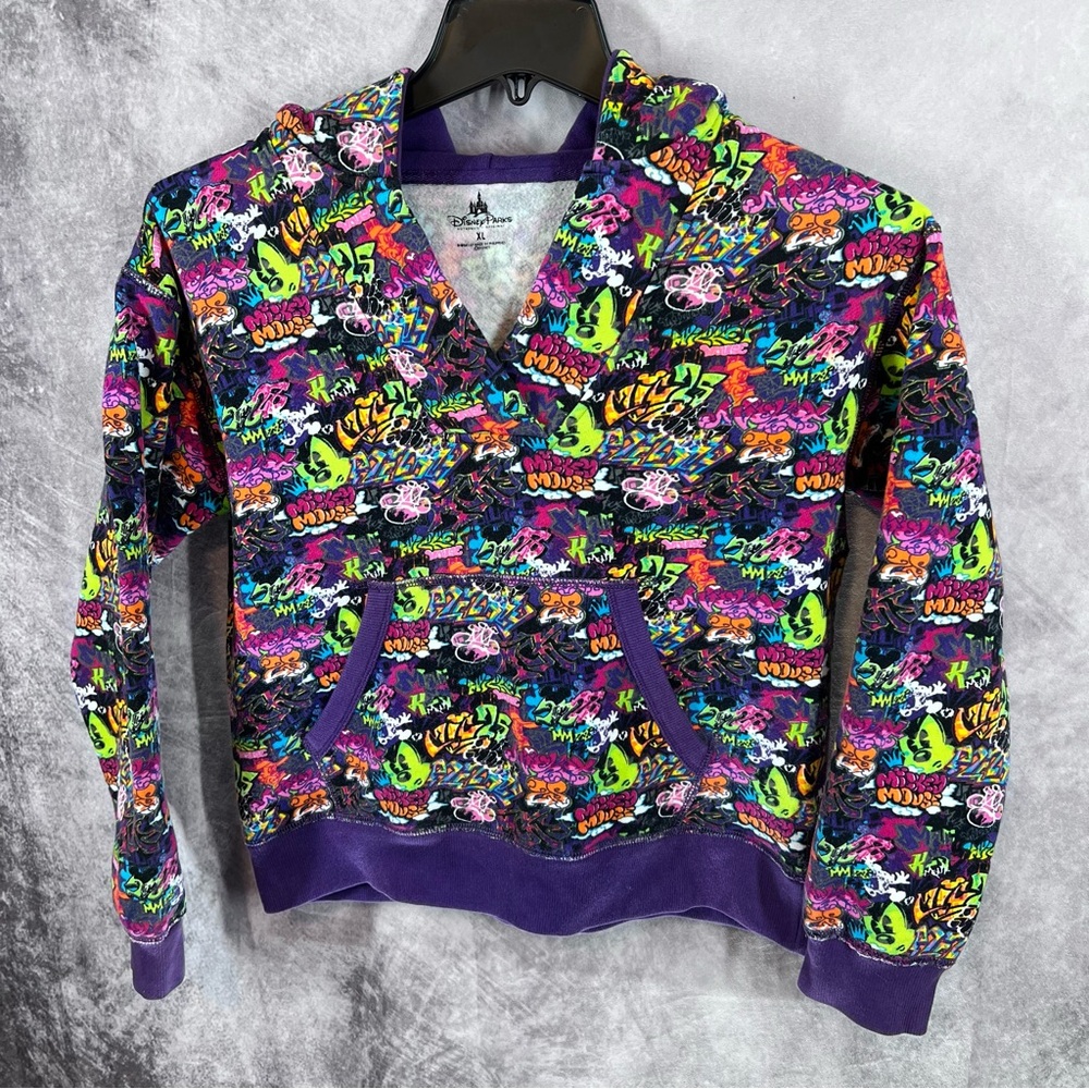 Disney Parks Womans XL Multi Colored Mickey Graphic Graffiti Hoodie Sweater